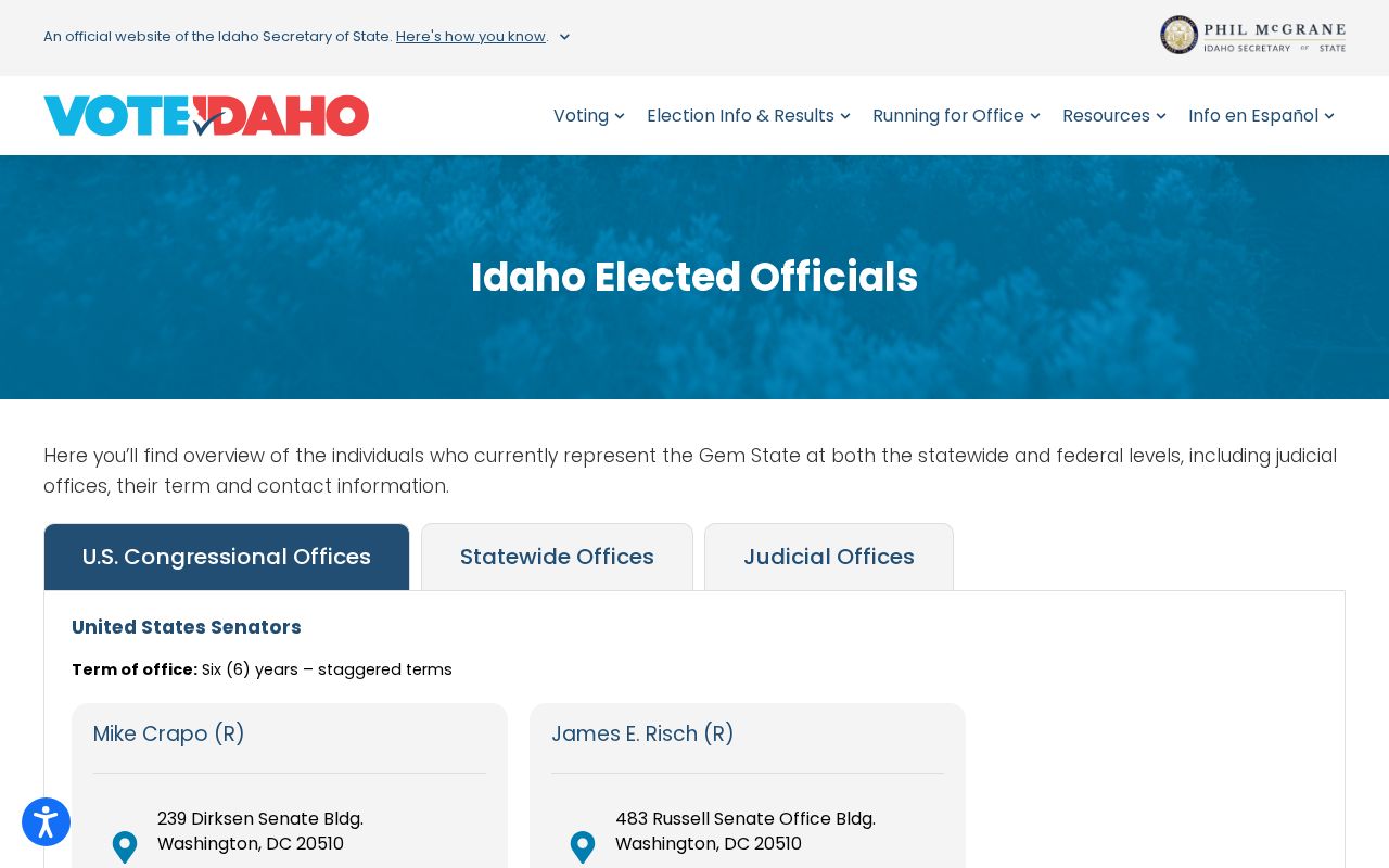 Idaho phone directory of elected officials on VoteIdaho