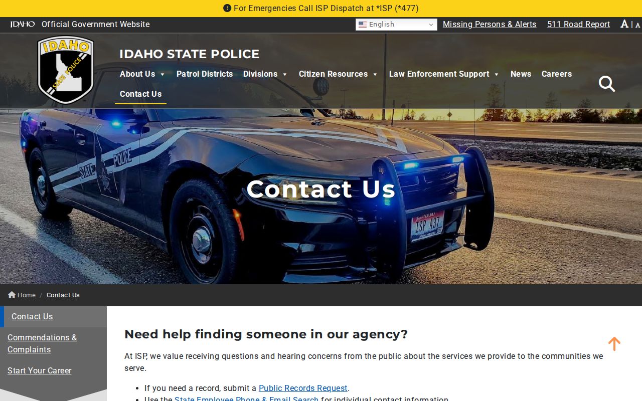Idaho phone directory listing of State Police division and district contacts
