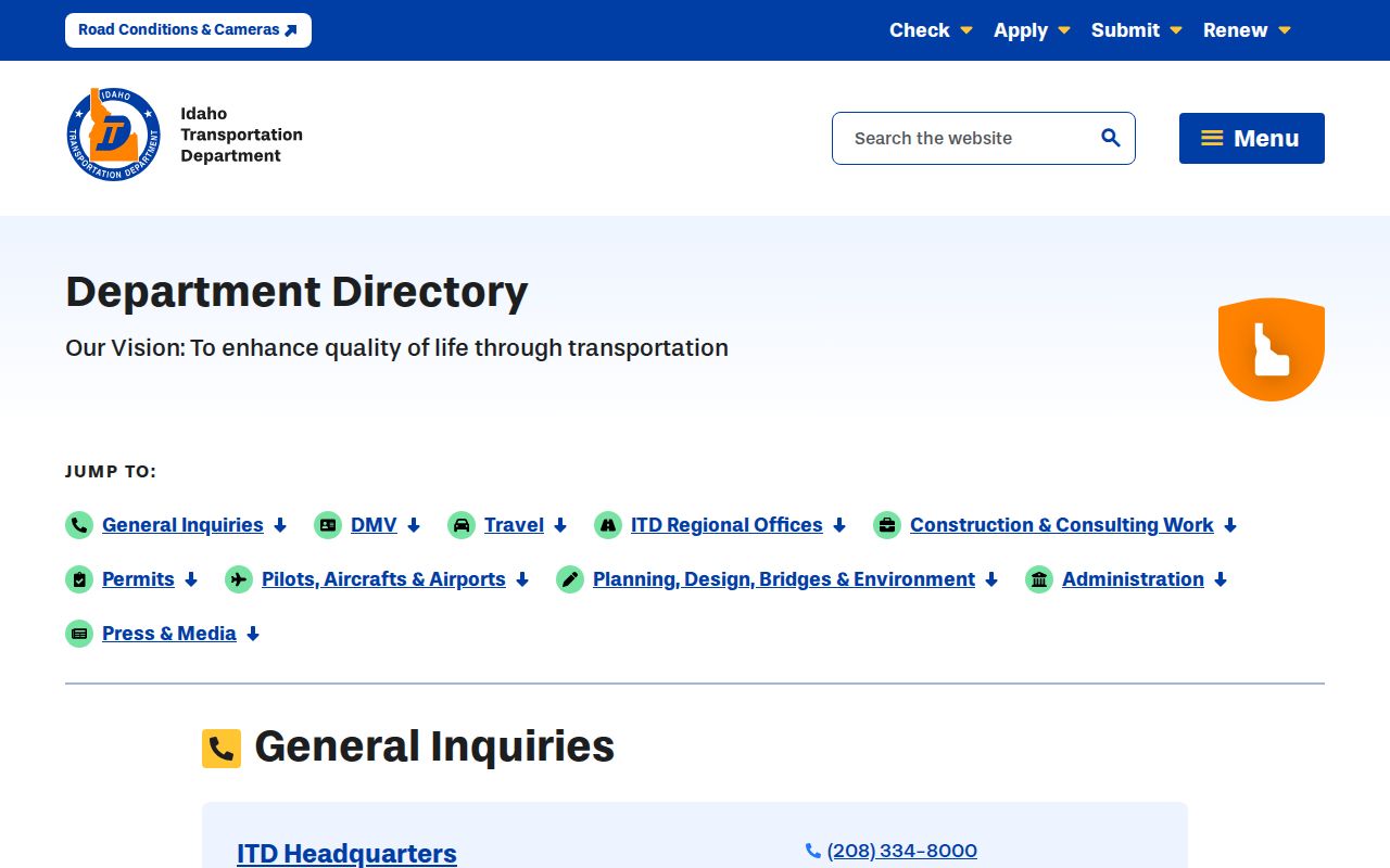 Idaho phone directory entries in the ITD department directory