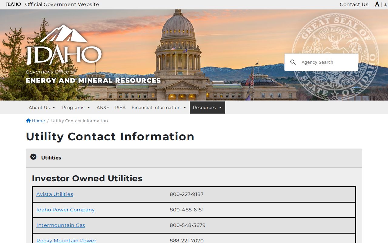 Idaho phone directory of electric, gas, co-op, and municipal utility contacts