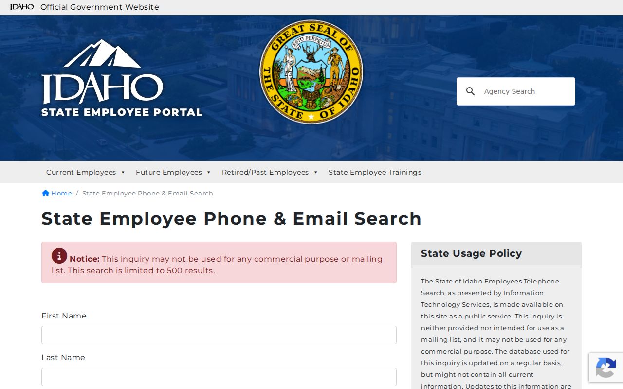 Idaho phone directory search form on the state employee phonebook