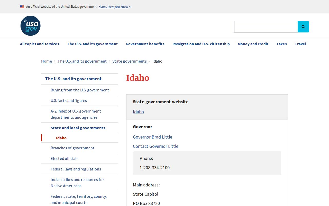 Idaho phone directory cross-check on the USA.gov state profile