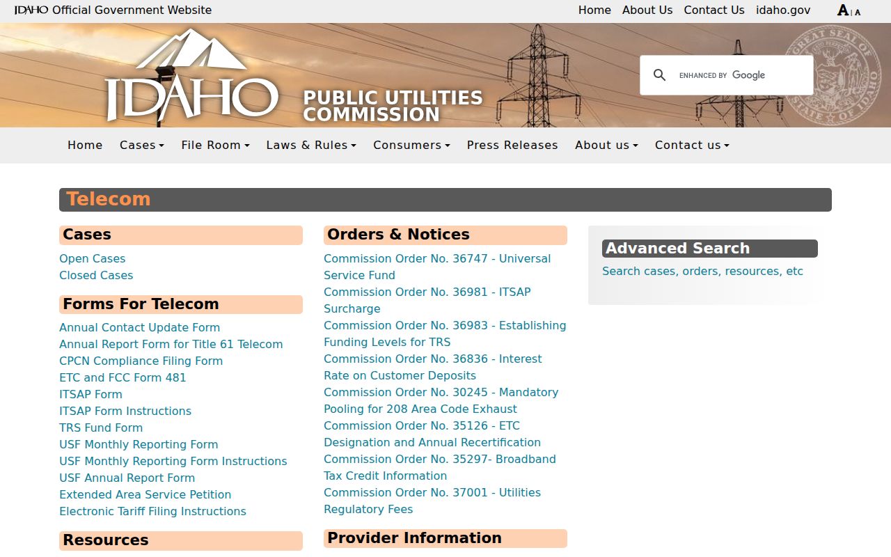 Idaho phone area codes oversight on the Idaho PUC telecommunications page