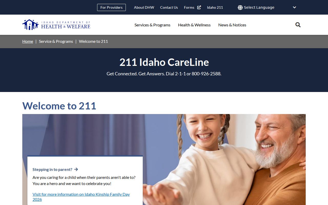 Idaho phone codes help line detail on the 211 CareLine page