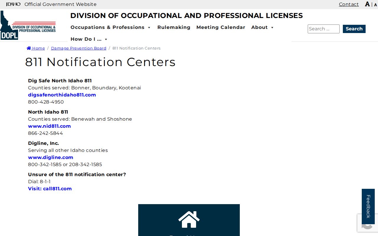 Idaho phone codes for 811 one-call notification centers by county