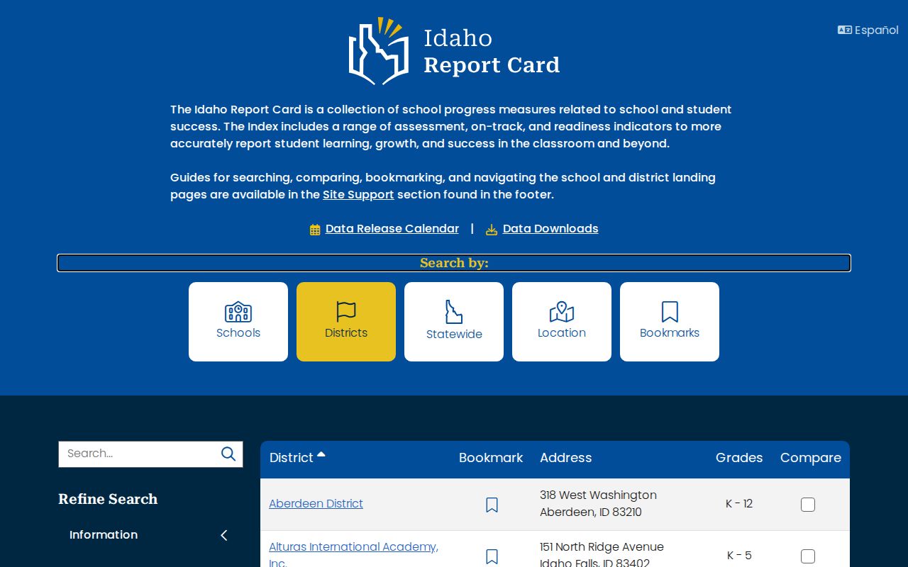 Idaho phone numbers research using the Report Card district search filters