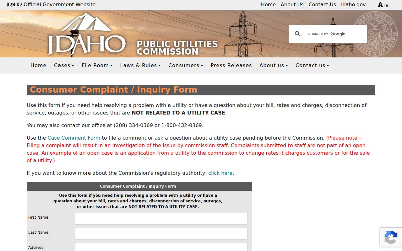 Idaho phone numbers complaint route on the IPUC consumer assistance form